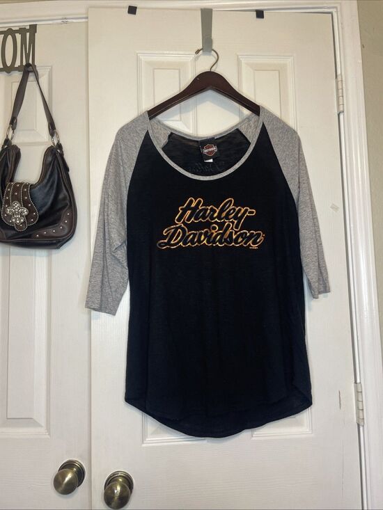 Harley-Davidson Tops - Harley-Davidson Dallas Tee Women’s XL Black Gray 3/4 Sleeve Angel Wings Logo